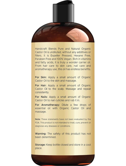 Organic Castor Oil - 16 Fl Oz - 100% Pure and Natural - Premium Grade Carrier Oil for Hair Growth, Eyelashes and Eyebrows - Hair and Body - Expeller-Pressed & Hexane-Free