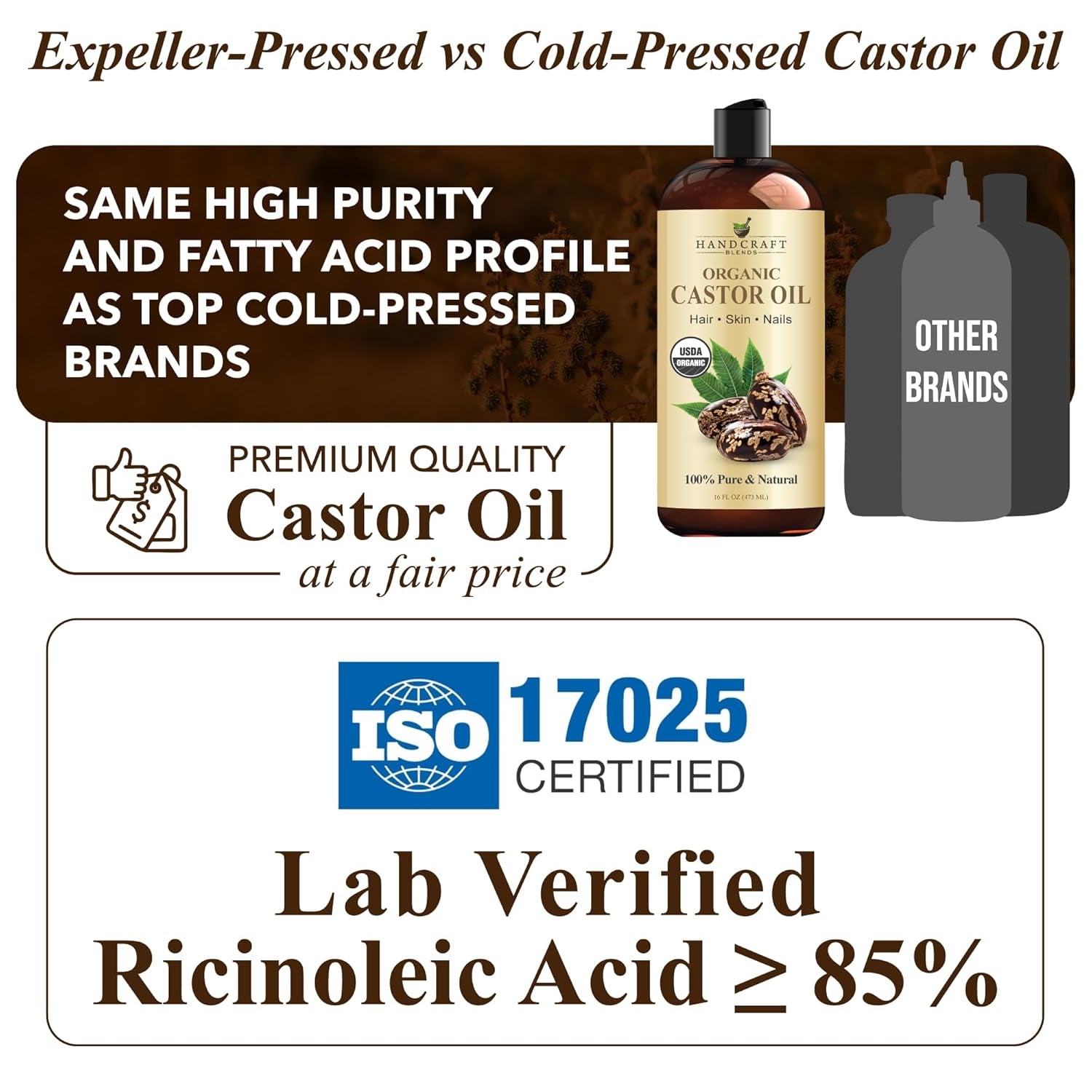 Organic Castor Oil - 16 Fl Oz - 100% Pure and Natural - Premium Grade Carrier Oil for Hair Growth, Eyelashes and Eyebrows - Hair and Body - Expeller-Pressed & Hexane-Free