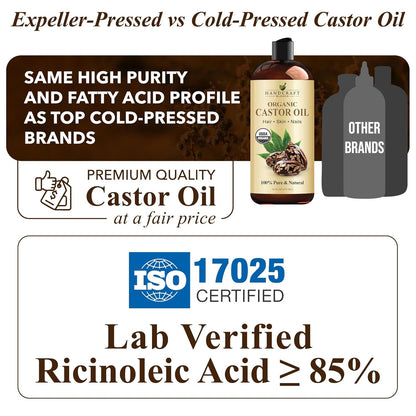 Organic Castor Oil - 16 Fl Oz - 100% Pure and Natural - Premium Grade Carrier Oil for Hair Growth, Eyelashes and Eyebrows - Hair and Body - Expeller-Pressed & Hexane-Free